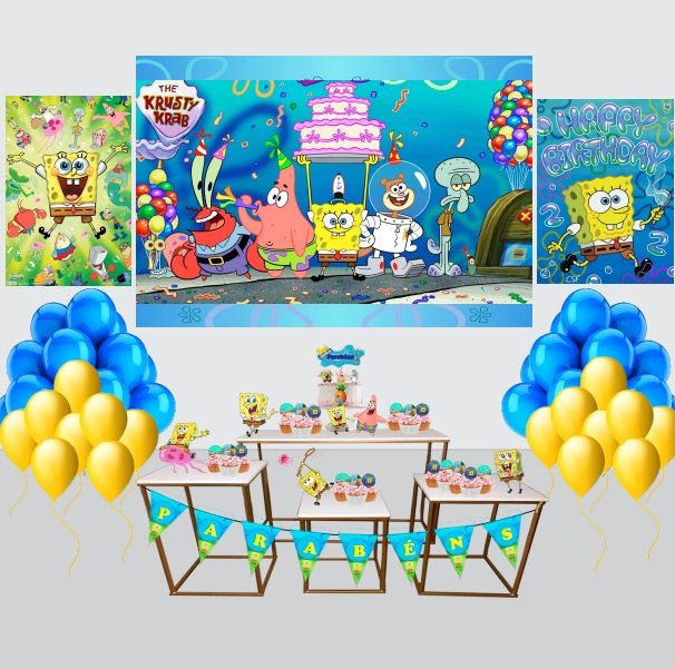 Kit Decoração de Festa Bob Esponja Completo Painel Grande - Imagem 1